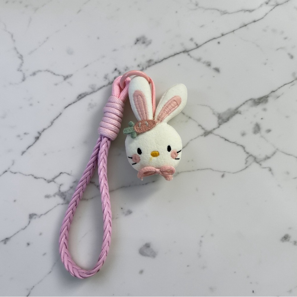 Plush White & Pink Bunny Keychain Wrist Strap or Bag Charm - Cute Soft Accessory